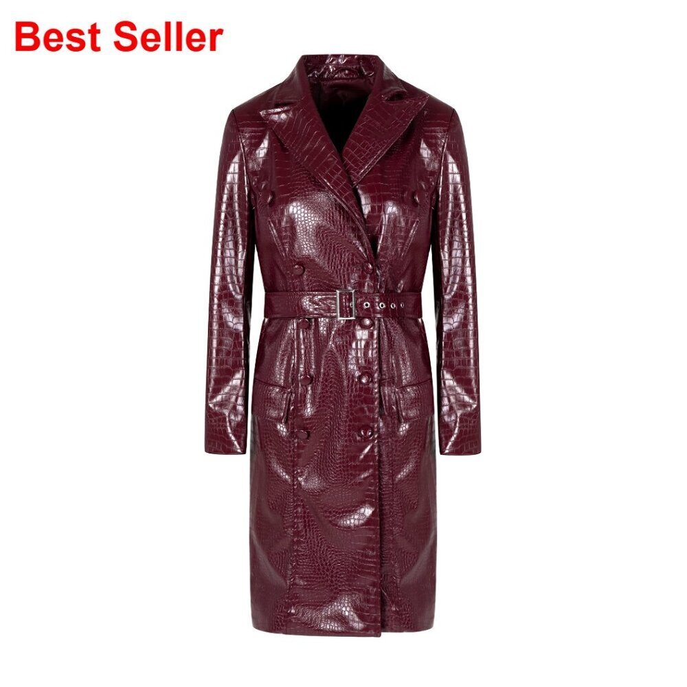 Long Faux PU Leather Jacket with Belt, Oversized Trench Coat
